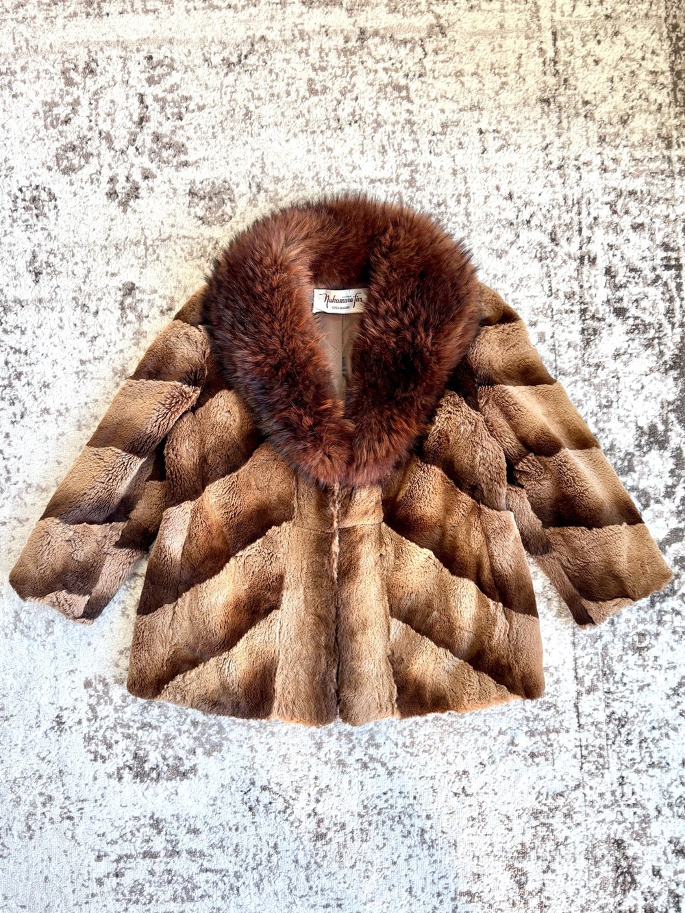 Vintage Nakamura 70s Ginza Tokyo Mink Chevron Brown Fur Coat with Plush Collar